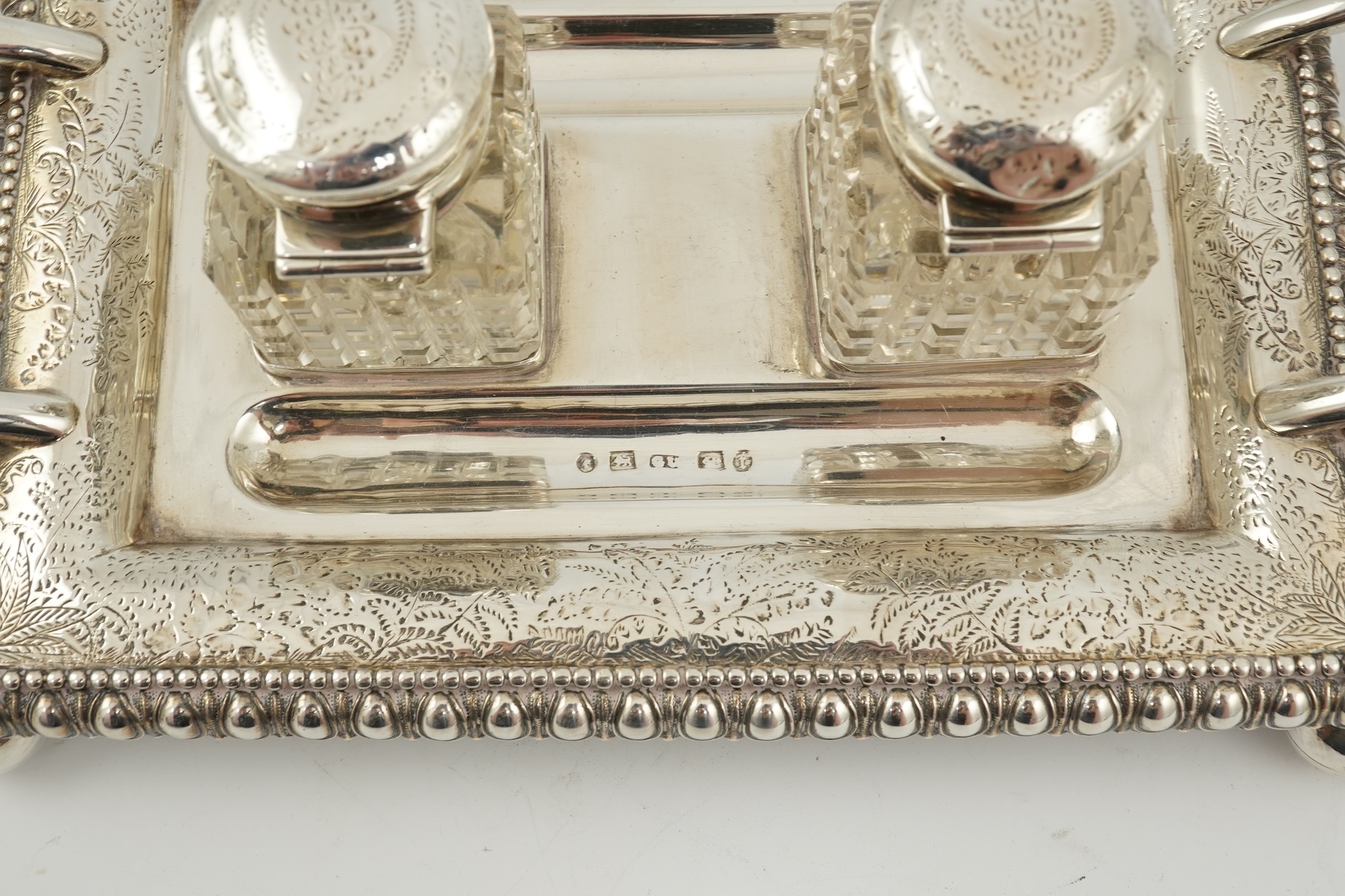A late Victorian silver two handled rectangular inkstand by George Unite